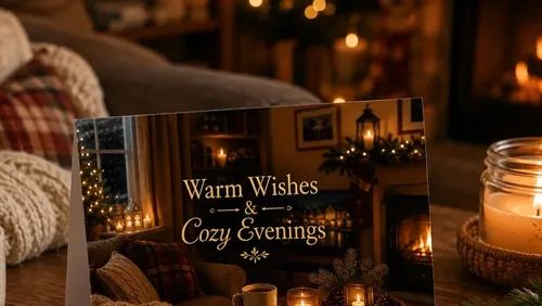 Warm Wishes and Cozy Evenings holiday card, showing a candlelit living room scene with a Christmas tree and fireplace