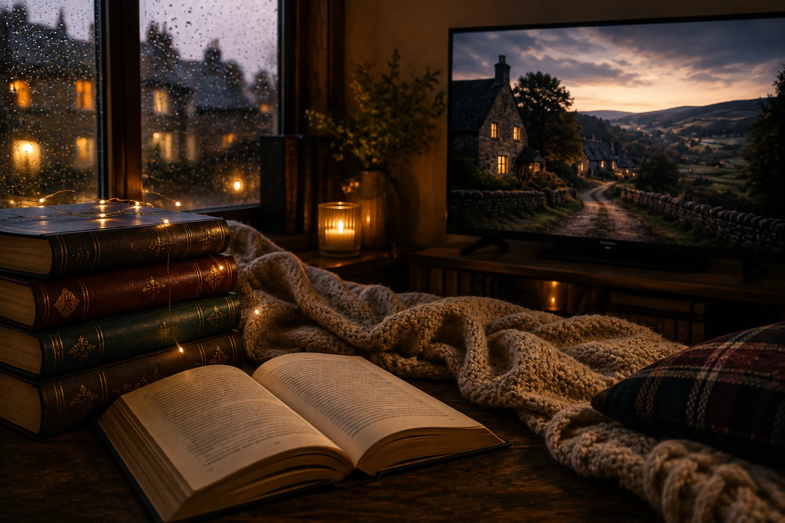 A stack of leather-bound books and an open novel beside a rain-streaked window, with a TV in the background showing a British village at dusk