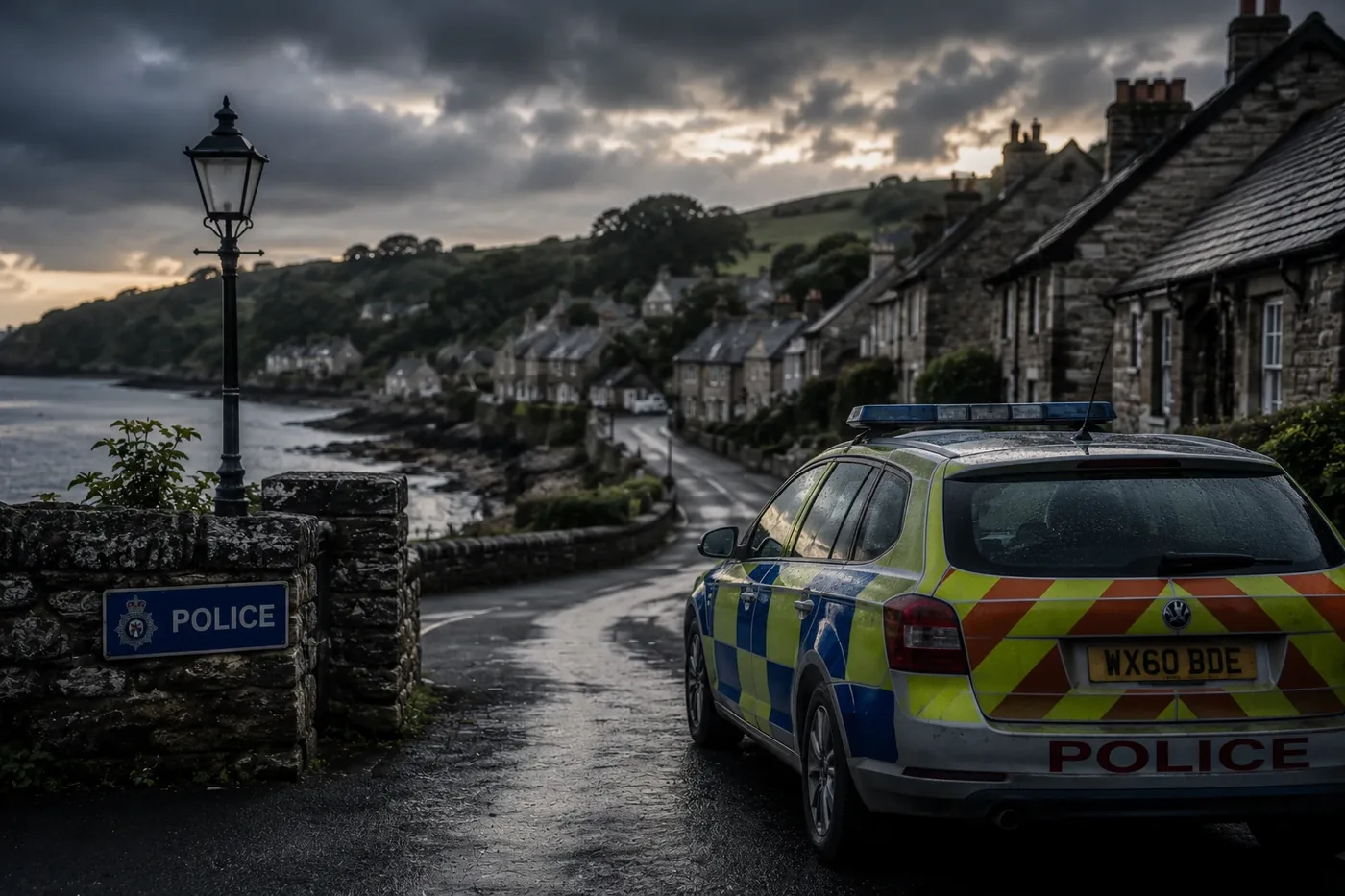A police car parked on a stone-walled lane in a coastal village, with cottages running down to the water