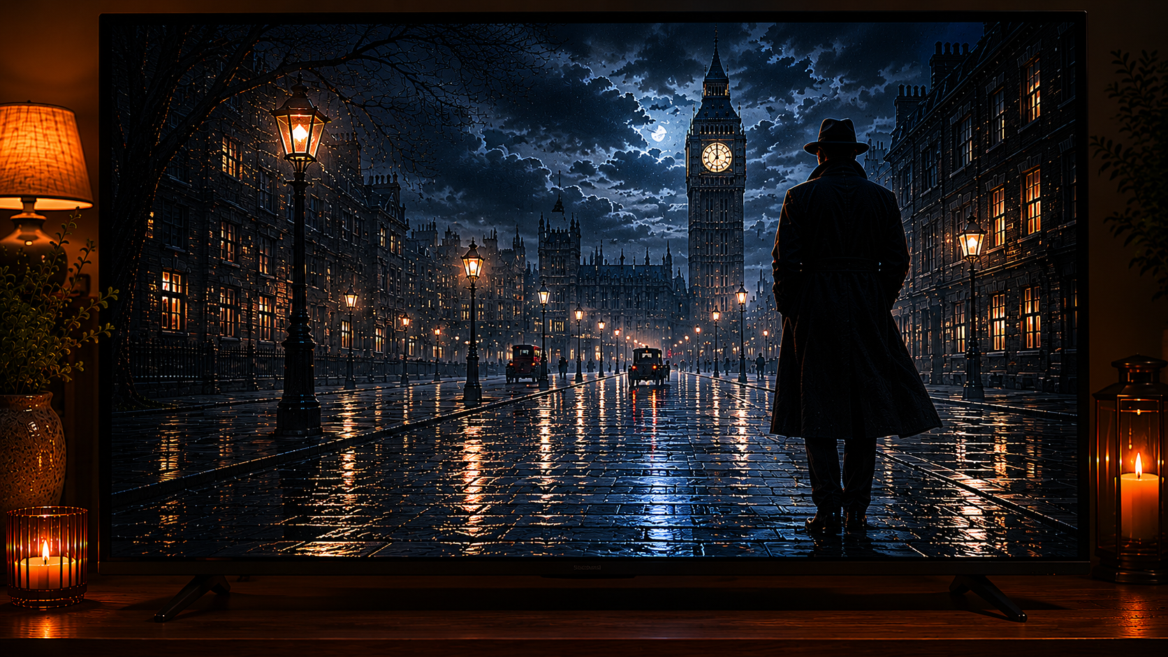 Moody London detective scene at night