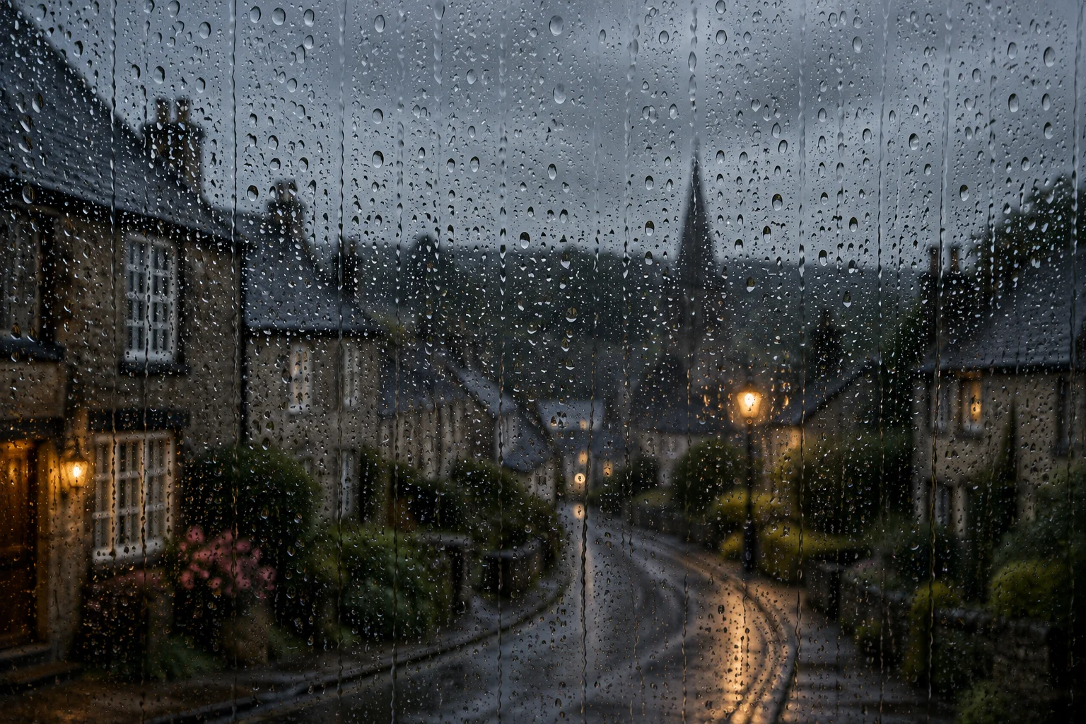 A rain-streaked window overlooking a quiet English village with a church spire in the distance