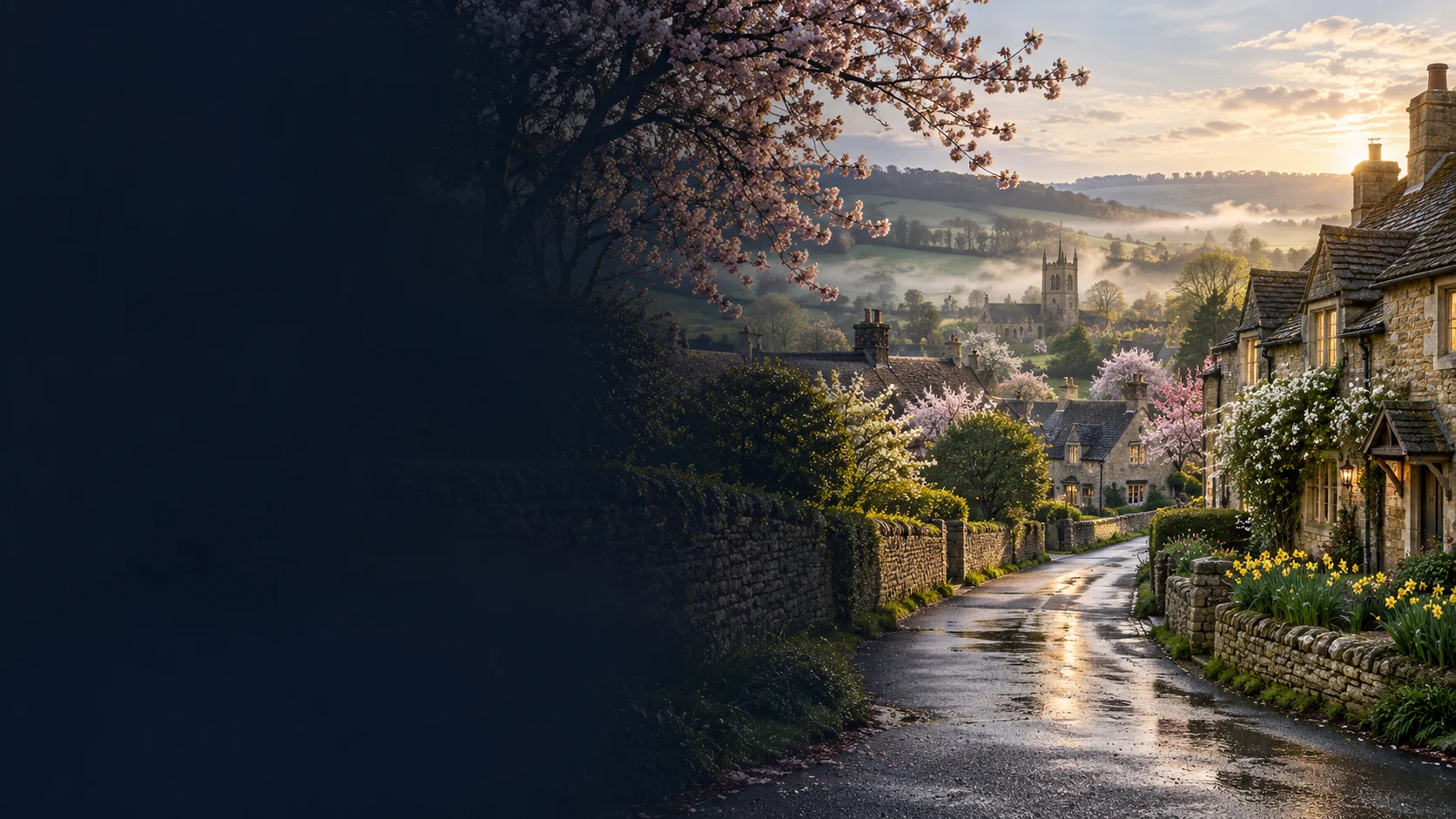 A Cotswolds village lane in spring, with cherry blossom and daffodils
