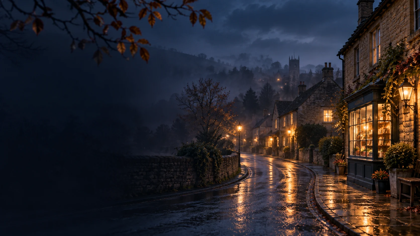 A rain-slicked Cotswolds village street at night, with a lit shop window and church spire in the mist