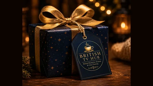 A wrapped British TV Hub gift box with gold ribbon and a Christmas-tree background