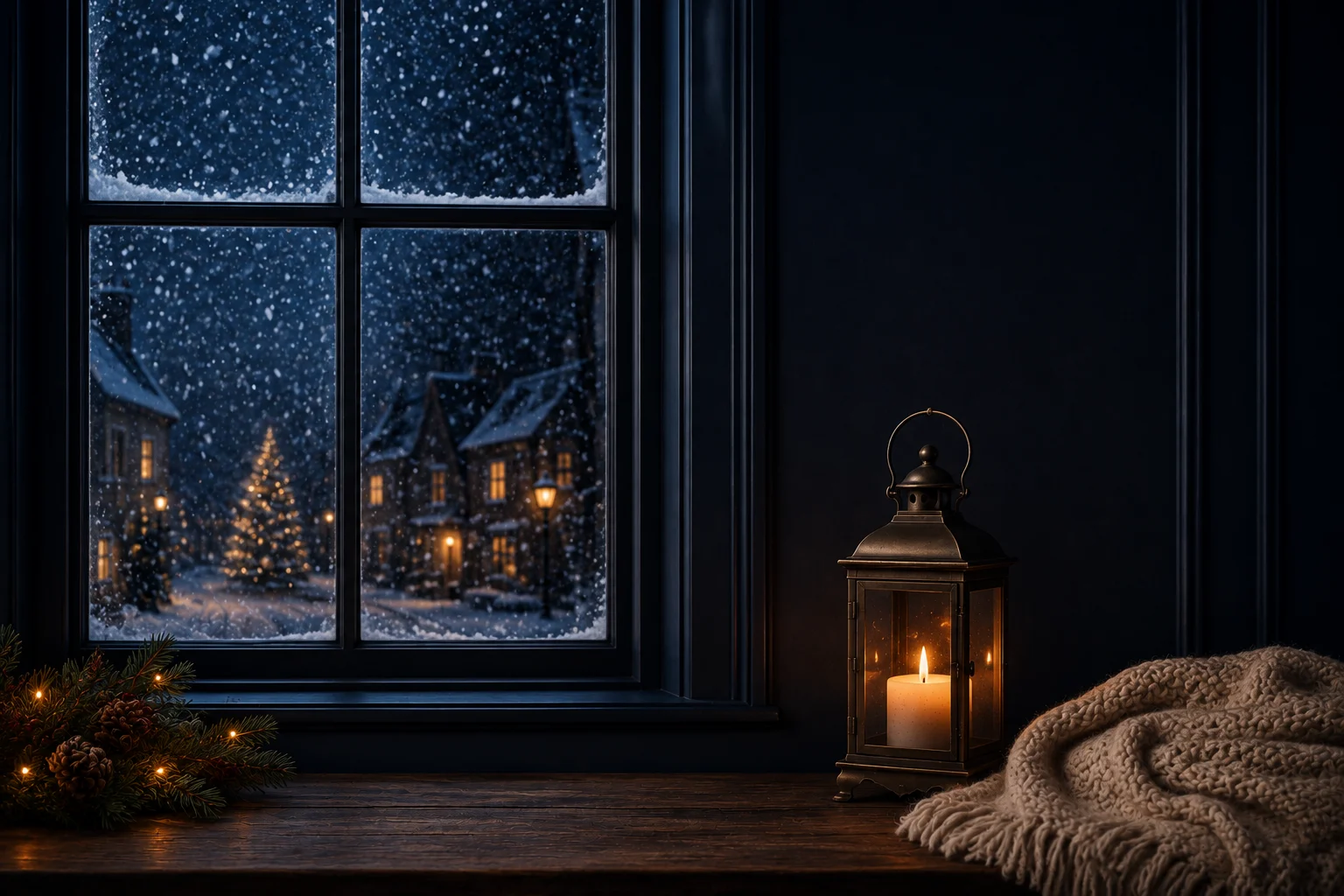 A snowy Christmas village seen through a frosted window, with a lantern and pine branch
