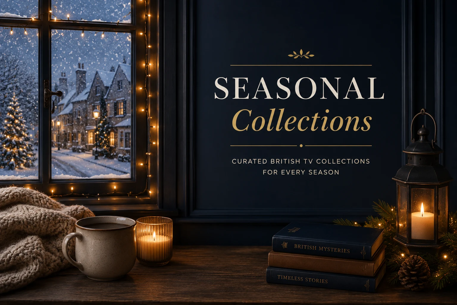 Seasonal Collections — curated British TV collections for every season, snowy village window with candles and books