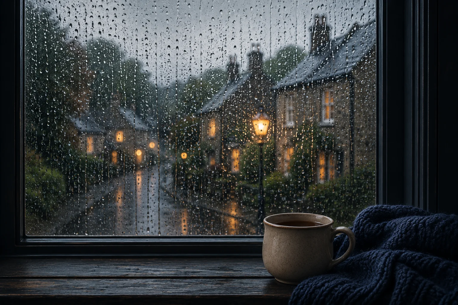 A rain-streaked window overlooking a British village street, with a cup of tea on the sill