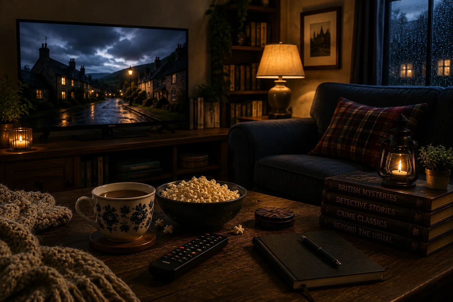 A cozy coffee table with tea, popcorn, and a stack of books labeled British Mysteries, Detective Stories, Crime Classics, and Beyond the Usual, with a rainy village street on the TV behind