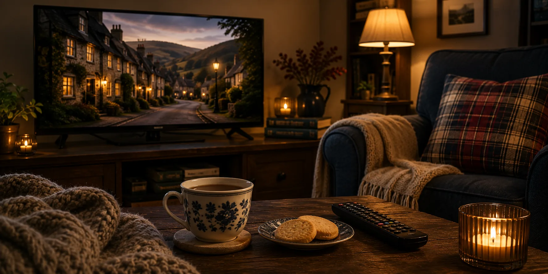 A cozy living room in the evening, tea and biscuits on the table, a British village street playing on the TV