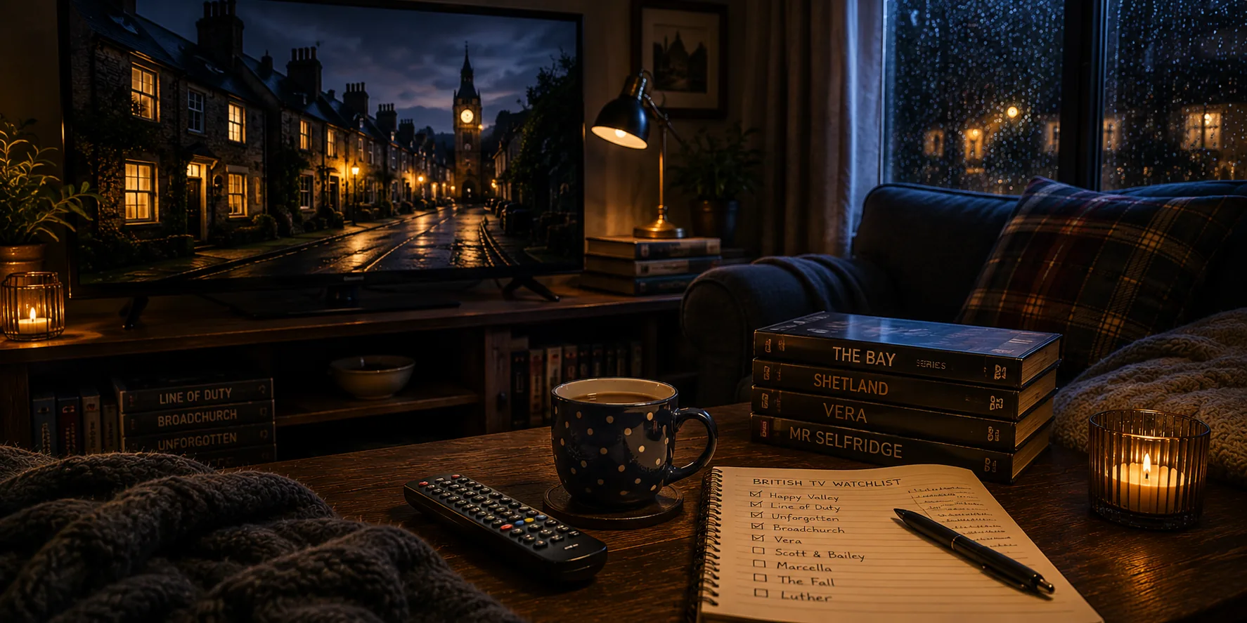 A stack of British TV DVD box sets on a coffee table beside a watchlist notepad with shows checked off