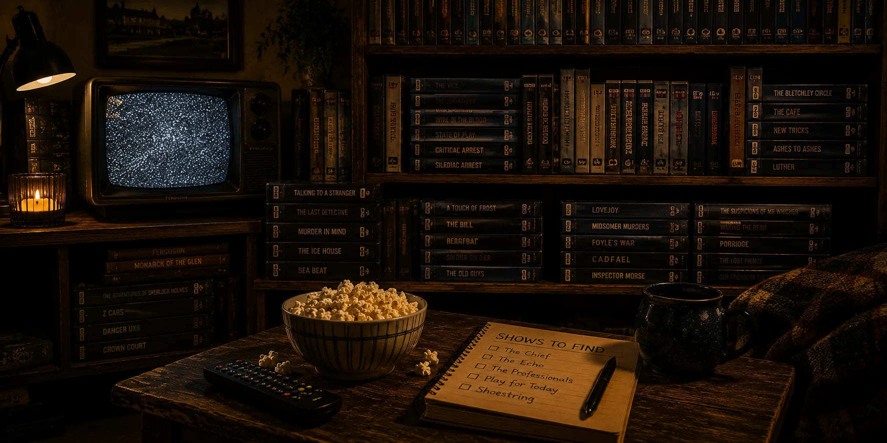 A dimly lit shelf of vintage British TV VHS tapes beside an old television and a notepad titled Shows to Find