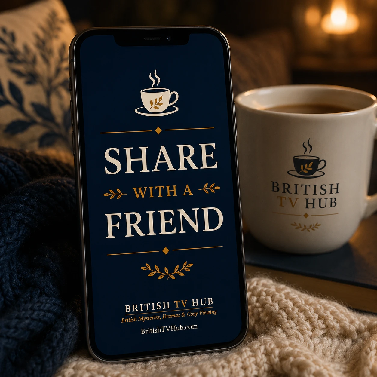 Phone showing a 'Share with a Friend' screen next to a British TV Hub mug