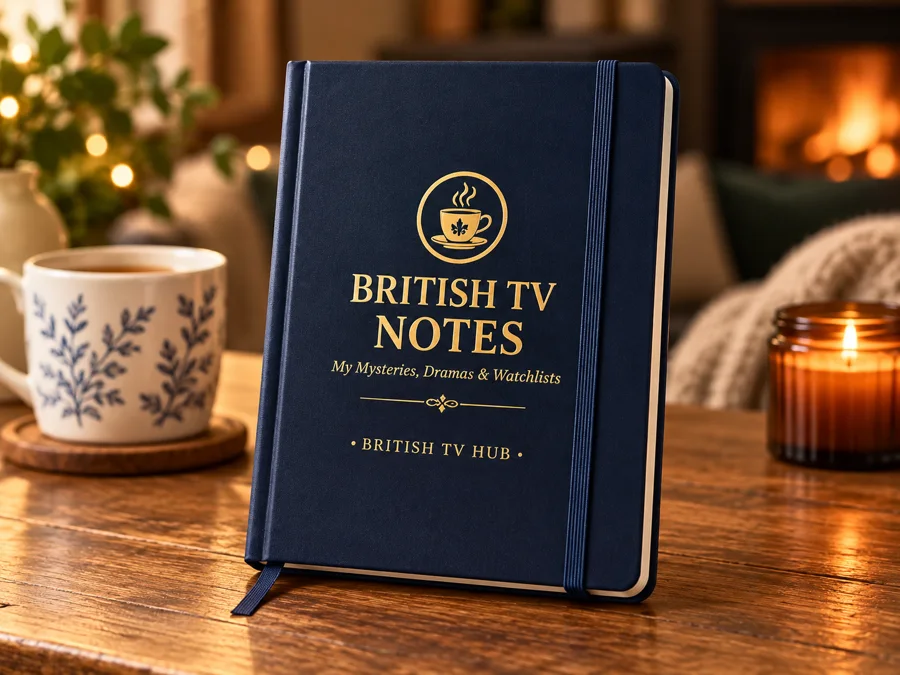 British TV Notes hardcover journal standing on a wooden table beside a mug of tea and a lit candle