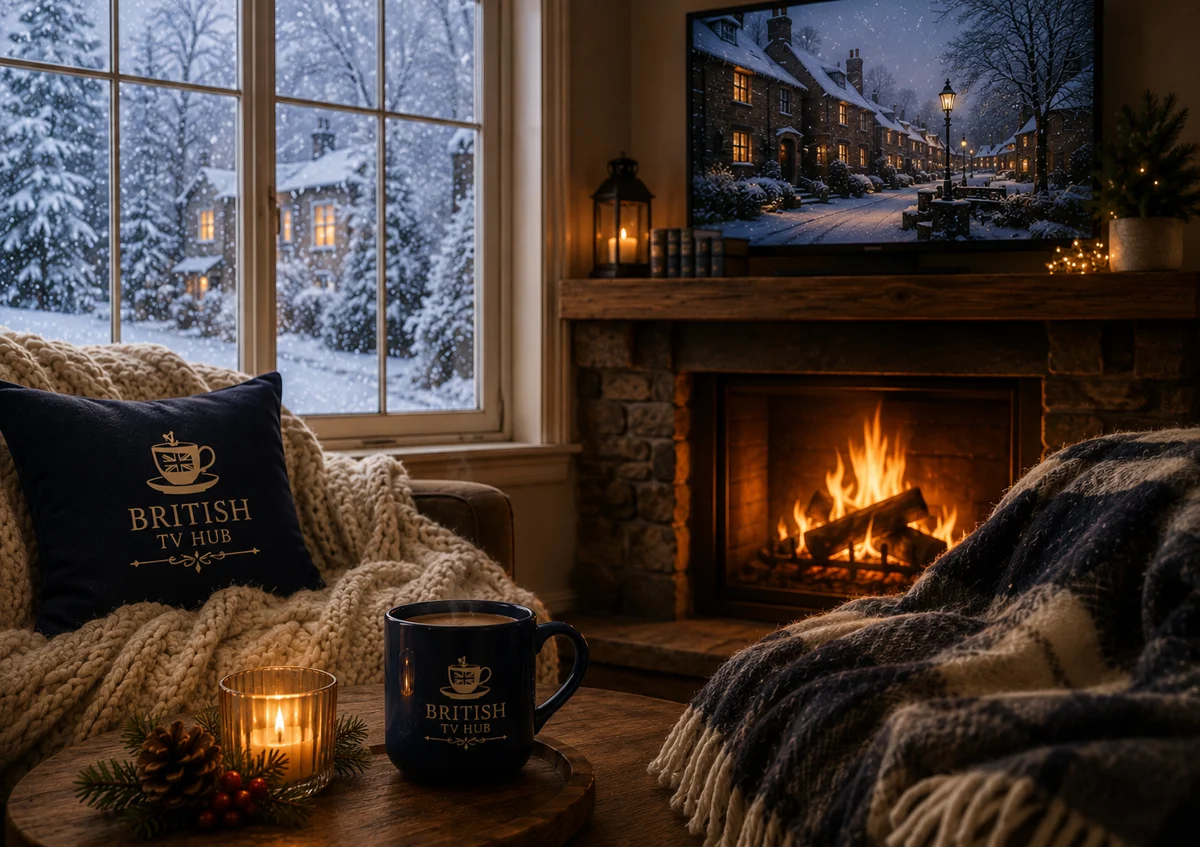 A cozy fireside scene with a British TV Hub mug and pillow, a snowy village on TV, and snow falling outside the window