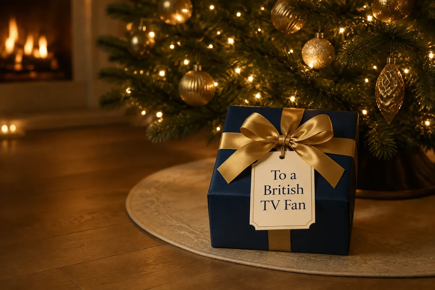 A navy gift box with a gold bow under a Christmas tree