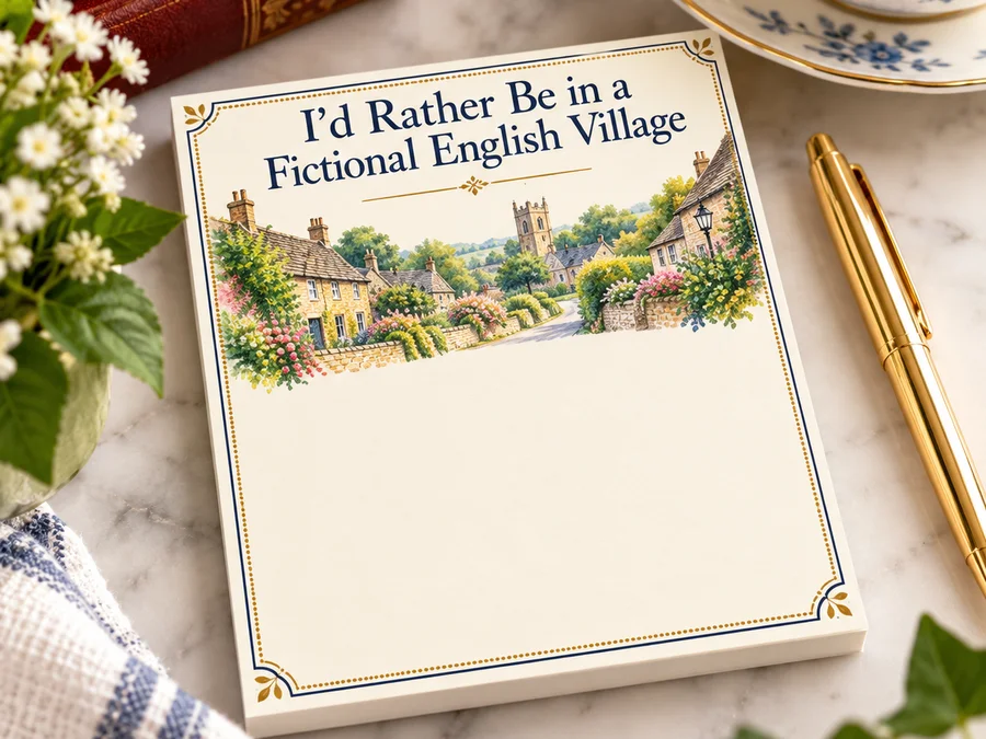 British TV Lover Notepad, 'I'd Rather Be in a Fictional English Village,' on a marble counter with books and tea