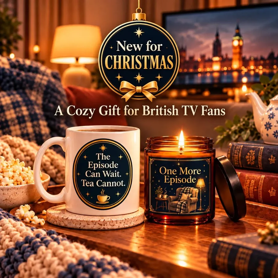 One More Episode mug and candle gift set on a coffee table with popcorn, books, and a teapot