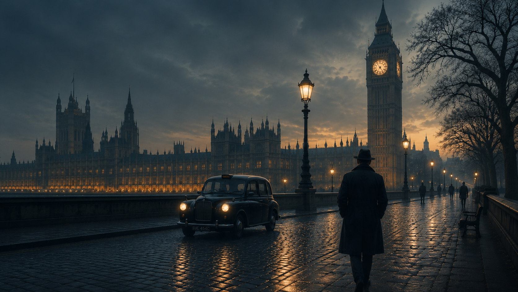 Moody London night scene with detective and Big Ben
