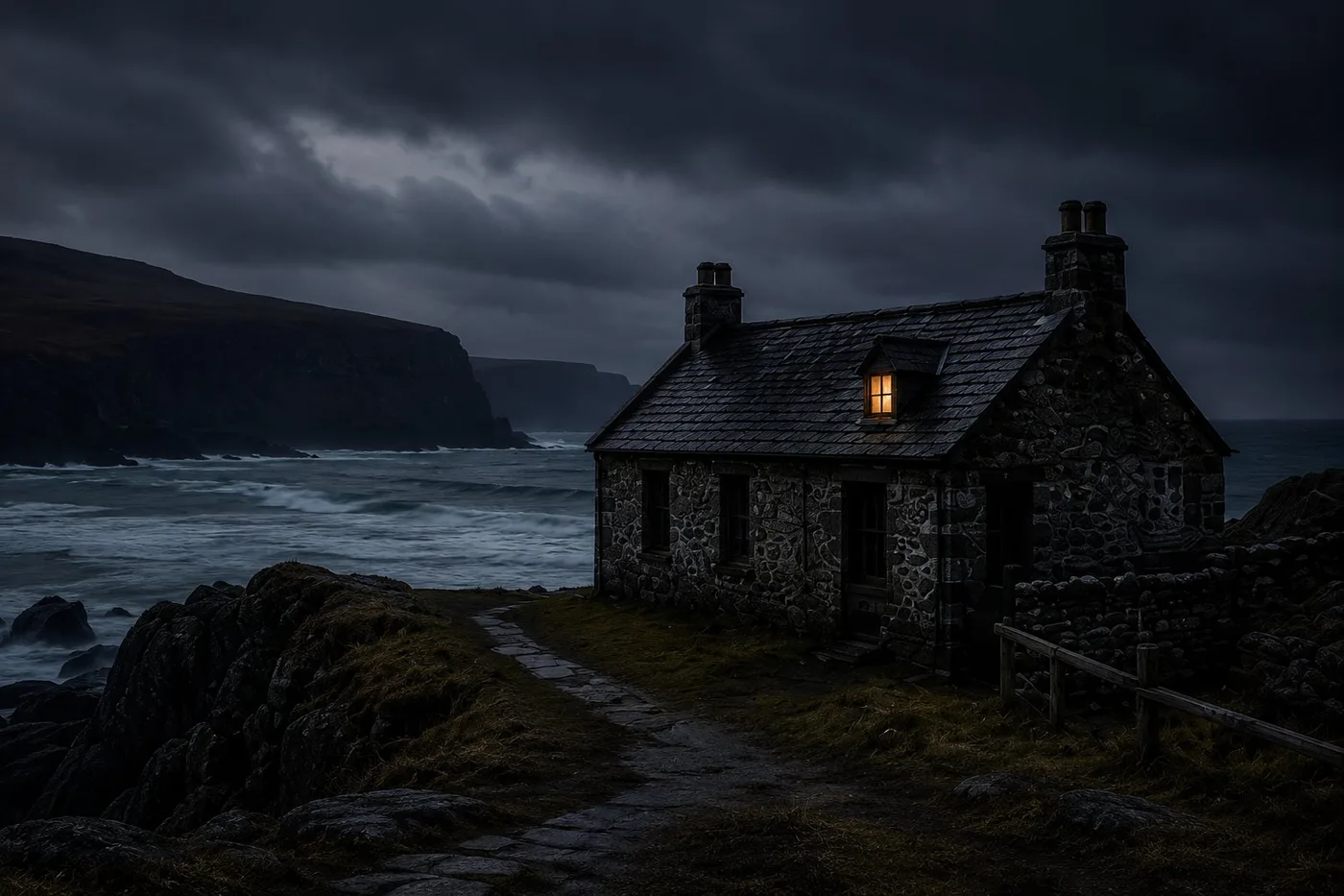 A stone cottage on a stormy British coast at dusk