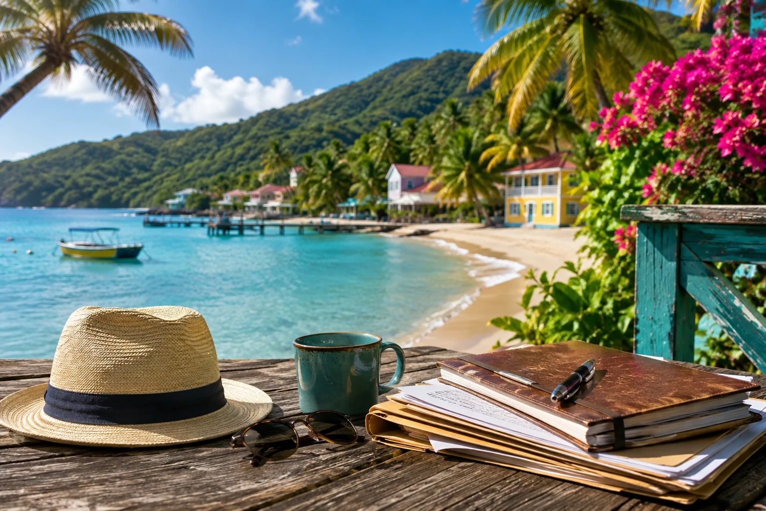 A tropical Caribbean beach village with a detective's case notes