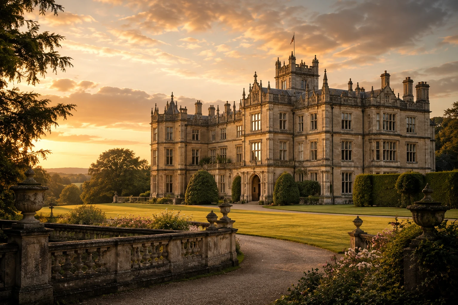 A grand English country manor house at sunset with sweeping gardens