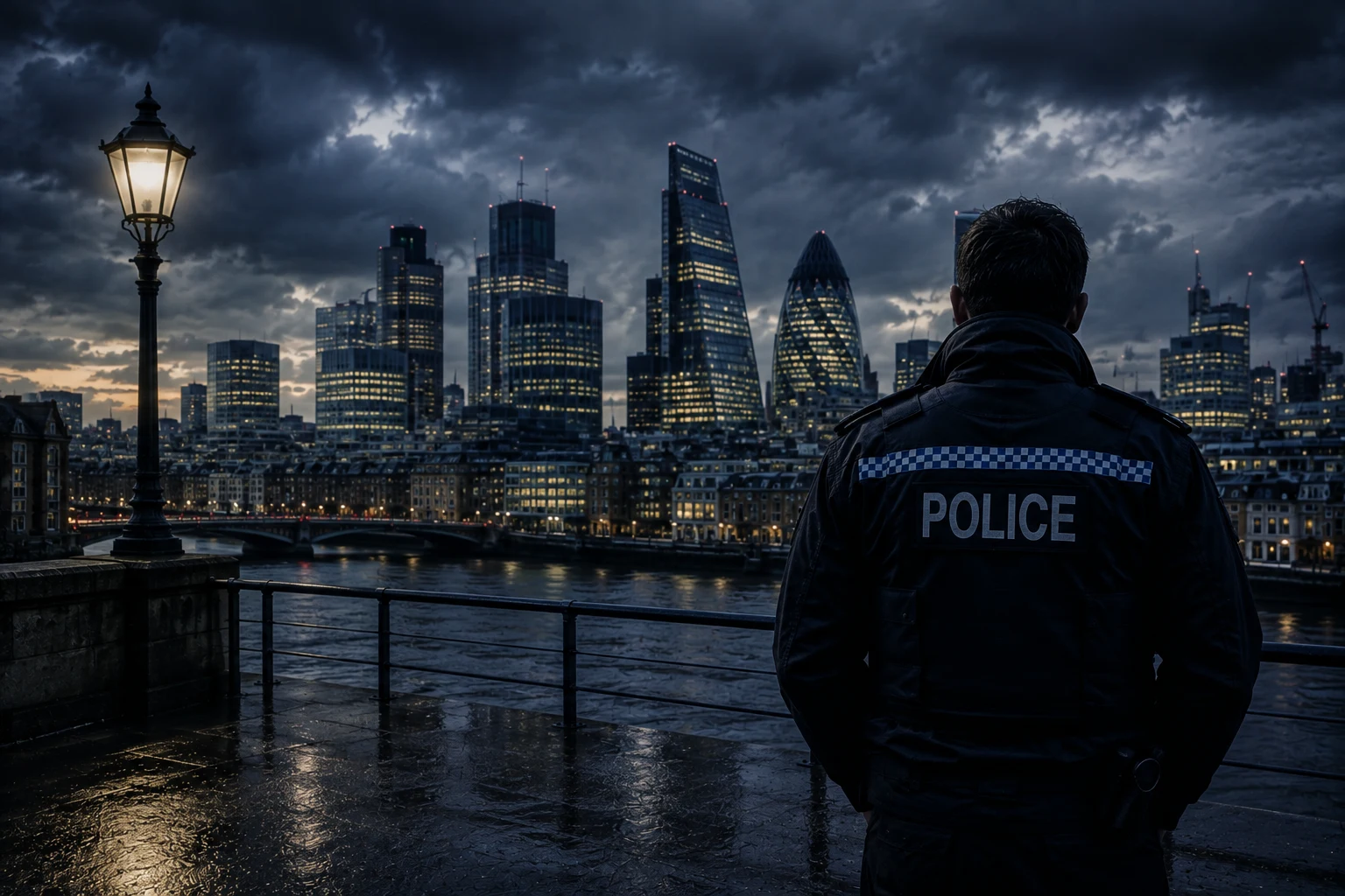 A police officer looking out over the London skyline at night in the rain
