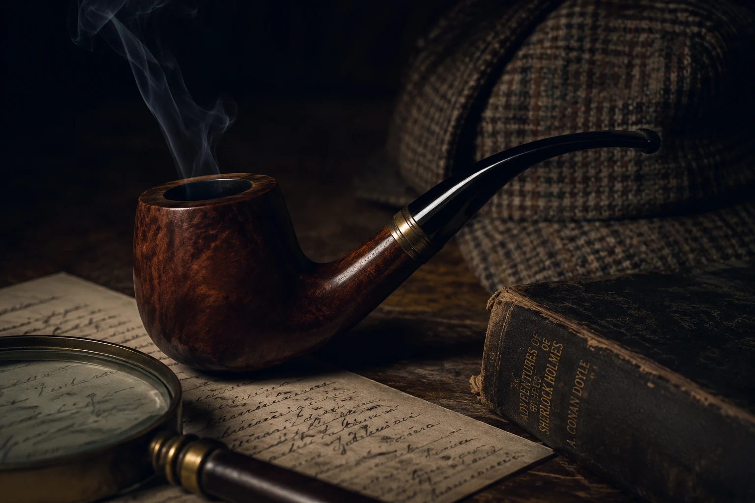 A smoking pipe, magnifying glass, deerstalker cap, and a well-worn copy of The Adventures of Sherlock Holmes by A. Conan Doyle