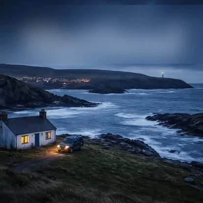 A remote cottage on the Shetland coastline at dusk, with a distant lighthouse and village lights
