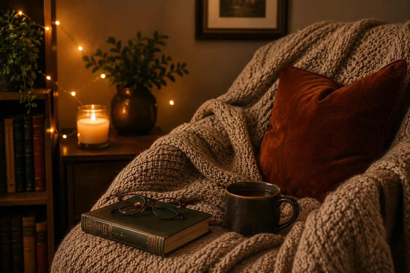 A knit blanket, candle, and book on a cozy armchair