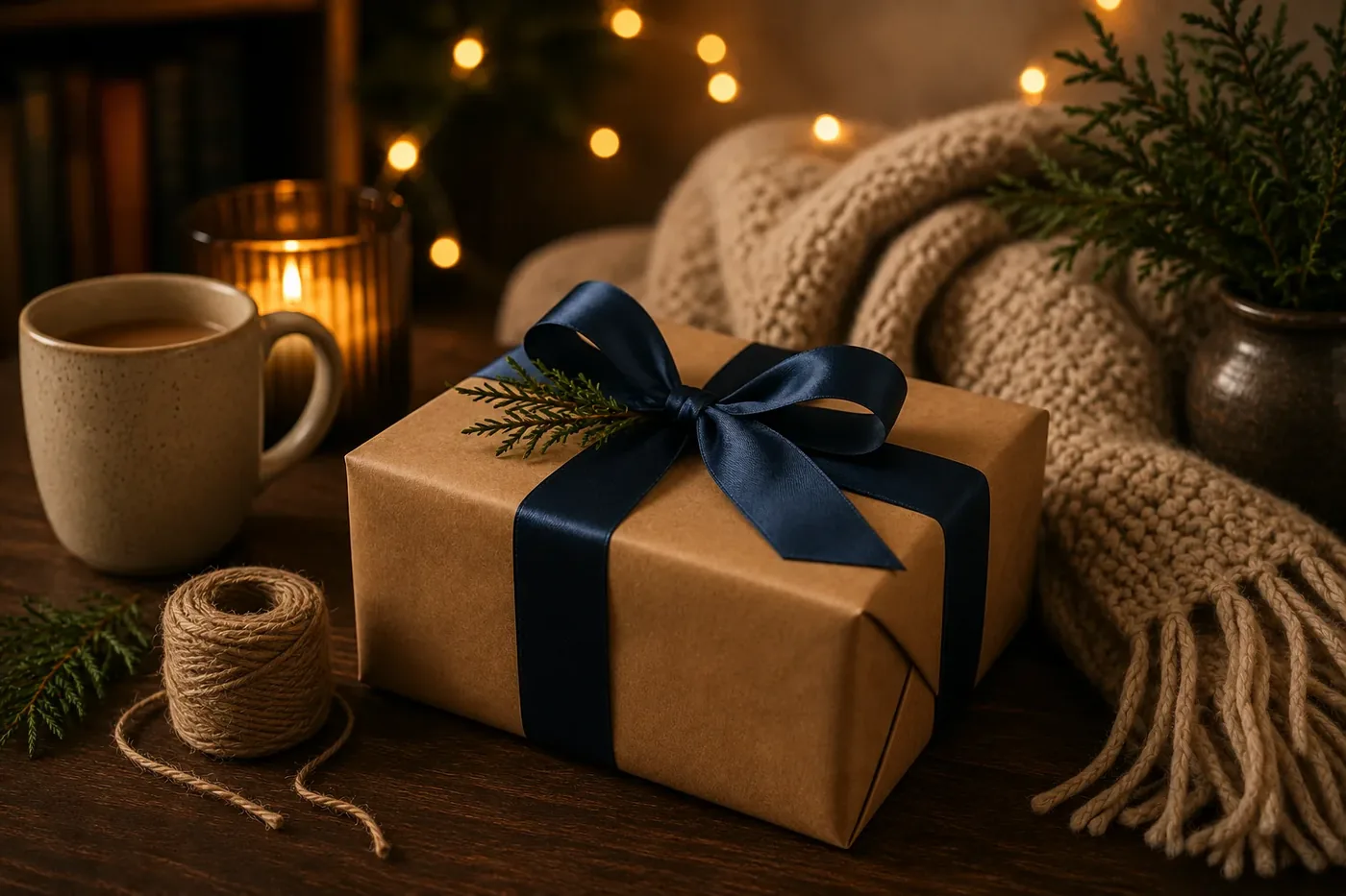 A wrapped gift box beside a mug, candle, and knit blanket
