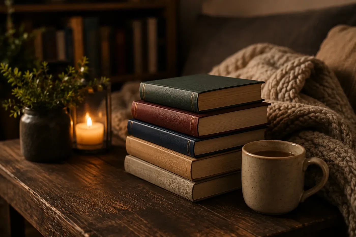A stack of hardcover books with a candle and cup of tea
