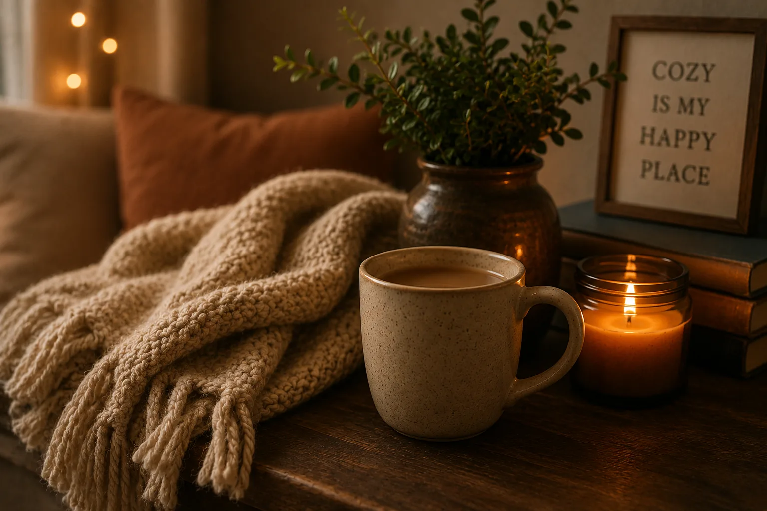 A mug of tea, a candle, and a sign reading Cozy Is My Happy Place
