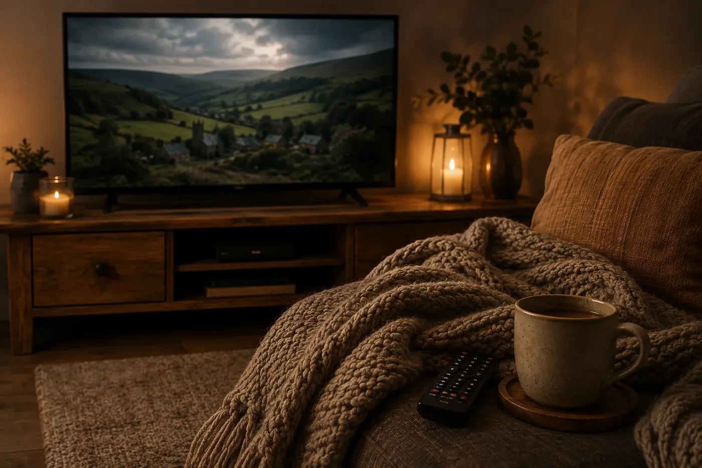 A TV showing British countryside, with a blanket, mug, and remote on the sofa