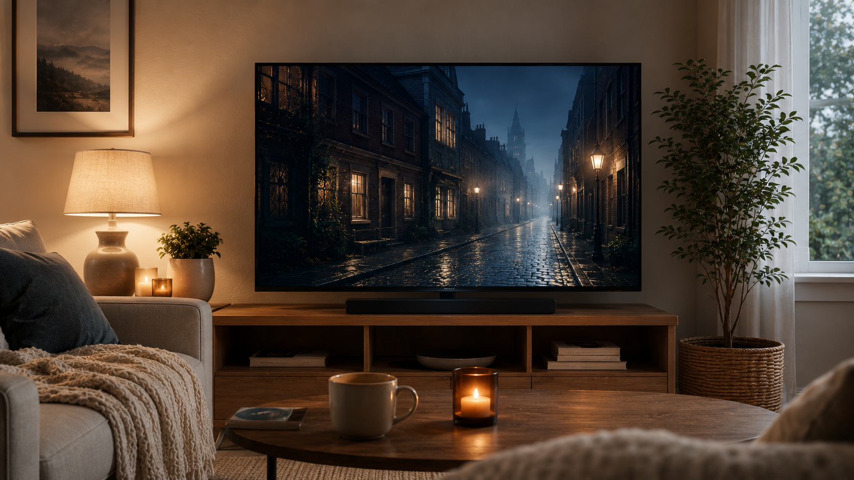 Cosy living room with British TV streaming on a large screen