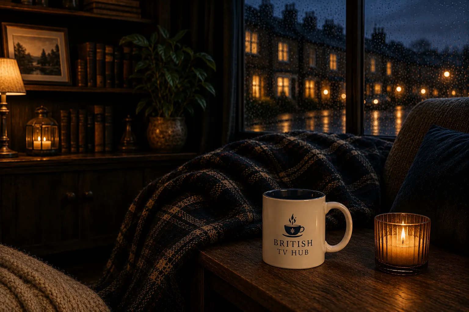 A British TV Hub mug and candle on a table beside a plaid throw, with a rainy village street glowing outside the window at night