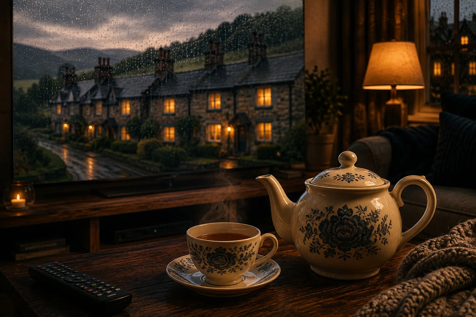 A cozy British sitting room with tea and a rainy cottage window on the TV screen