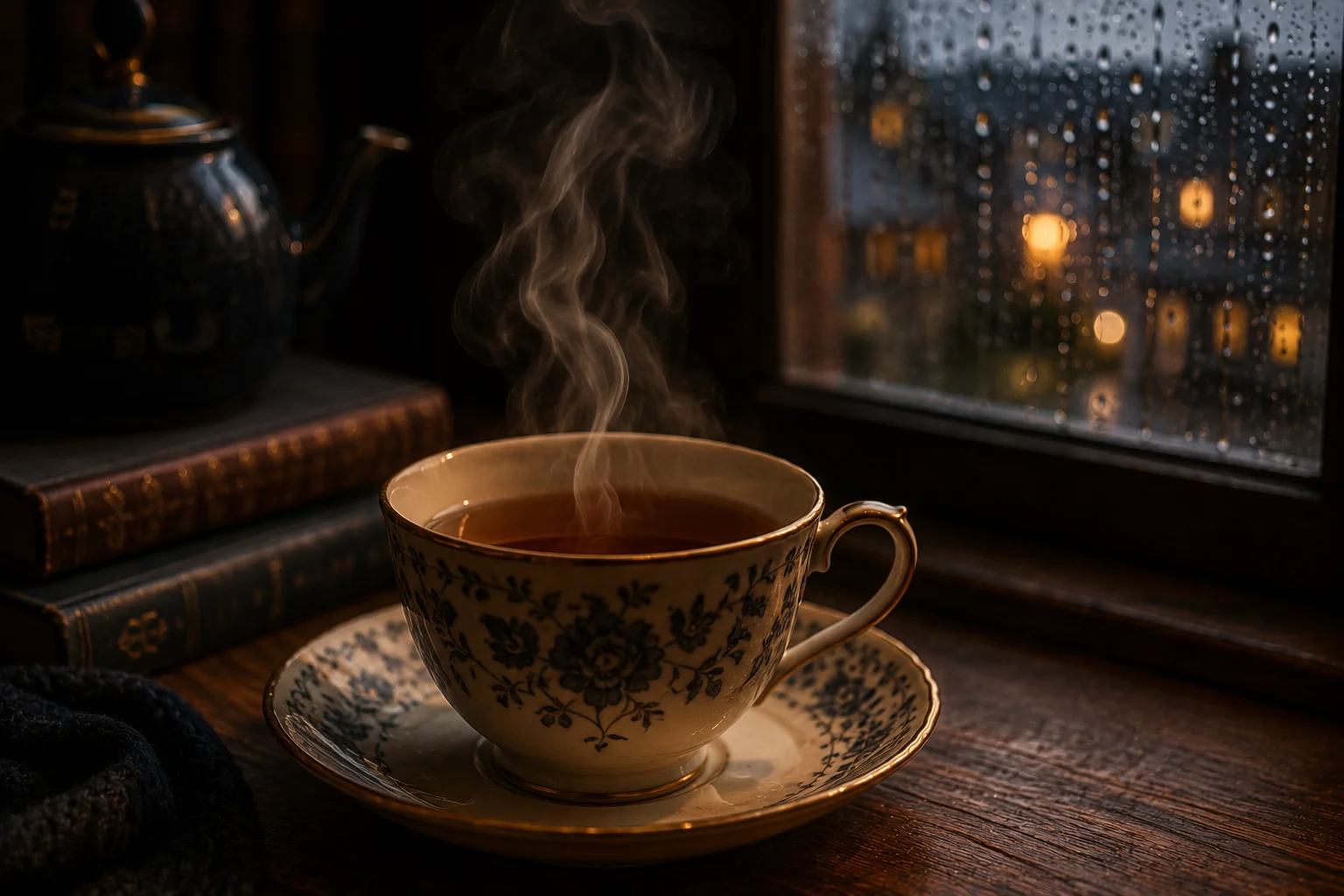 A steaming cup of tea by a rainy window