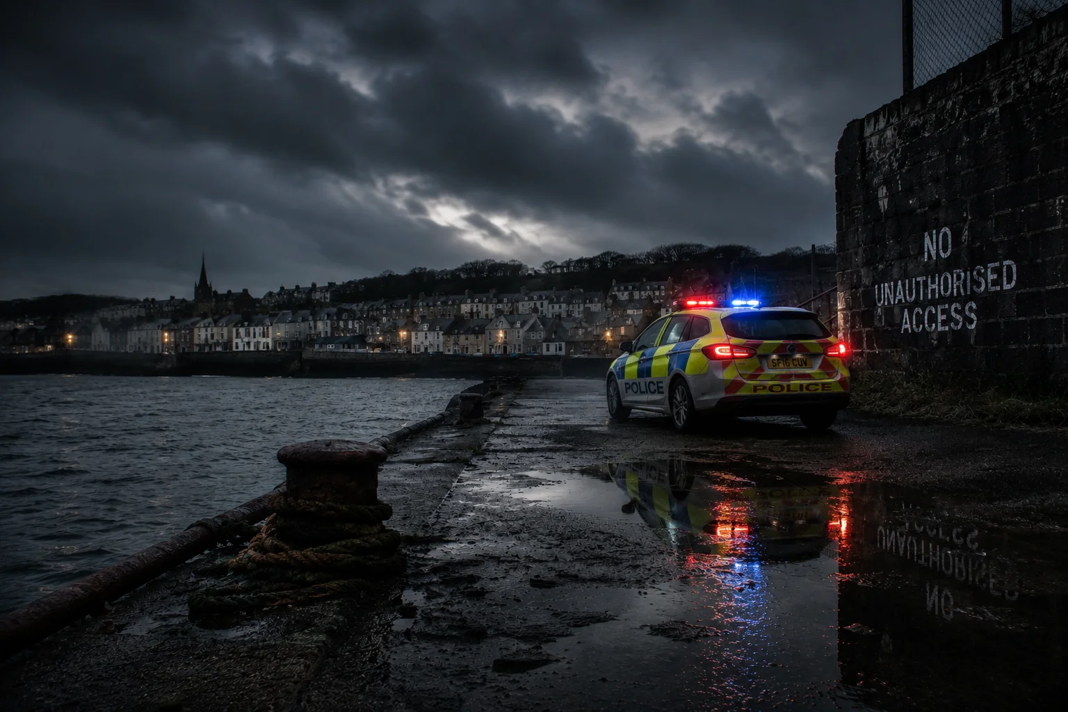 A UK police car with lights flashing on a rain-slicked harbor pier at dusk, beside a wall reading 'No Unauthorised Access'