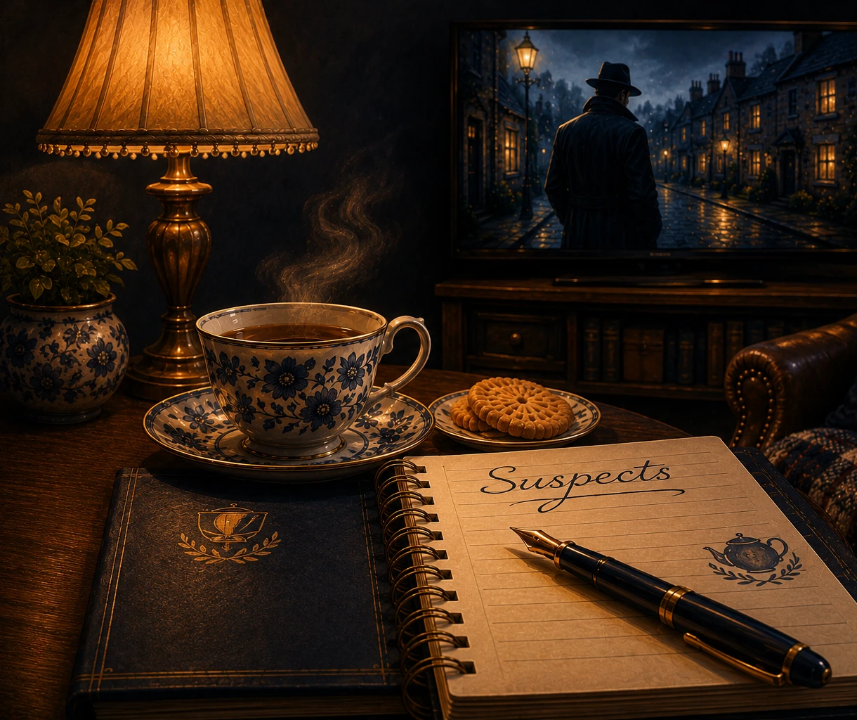 A cozy sitting room at night: a floral teacup and biscuits beside a notebook labeled 'Suspects' with a pen resting on it, a lit lamp, and a TV showing a detective walking down a rainy village street
