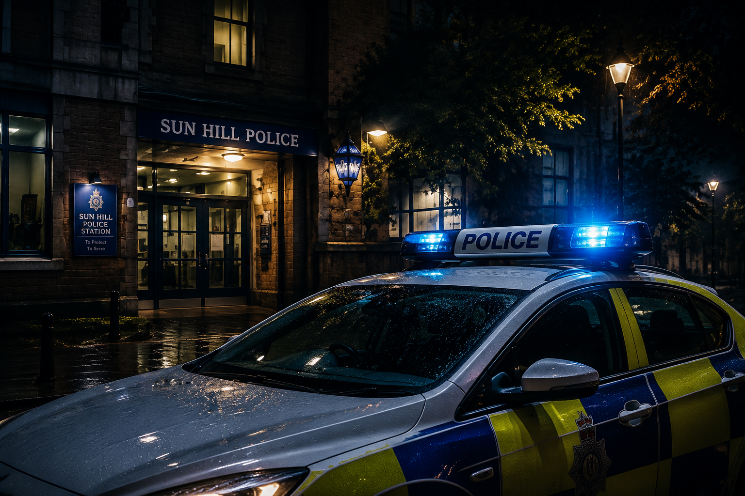 Sun Hill Police Station at night with police car
