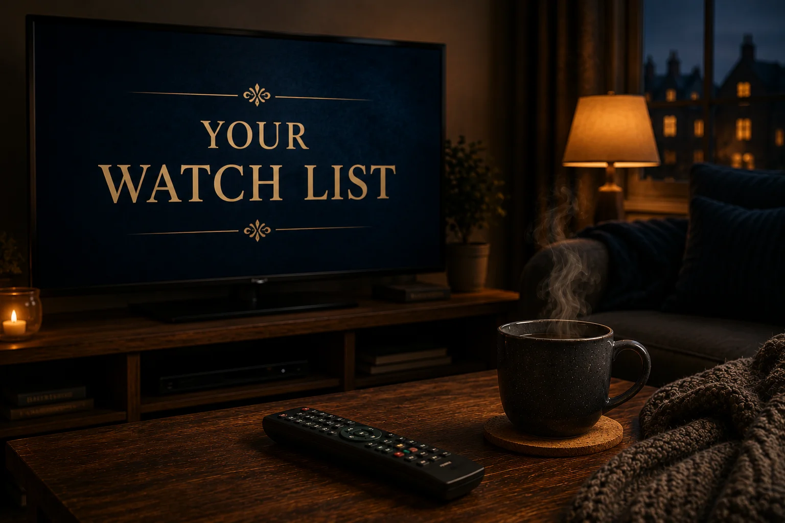 A cosy living room with a television displaying Your Watch List, a steaming mug and remote on the coffee table in front