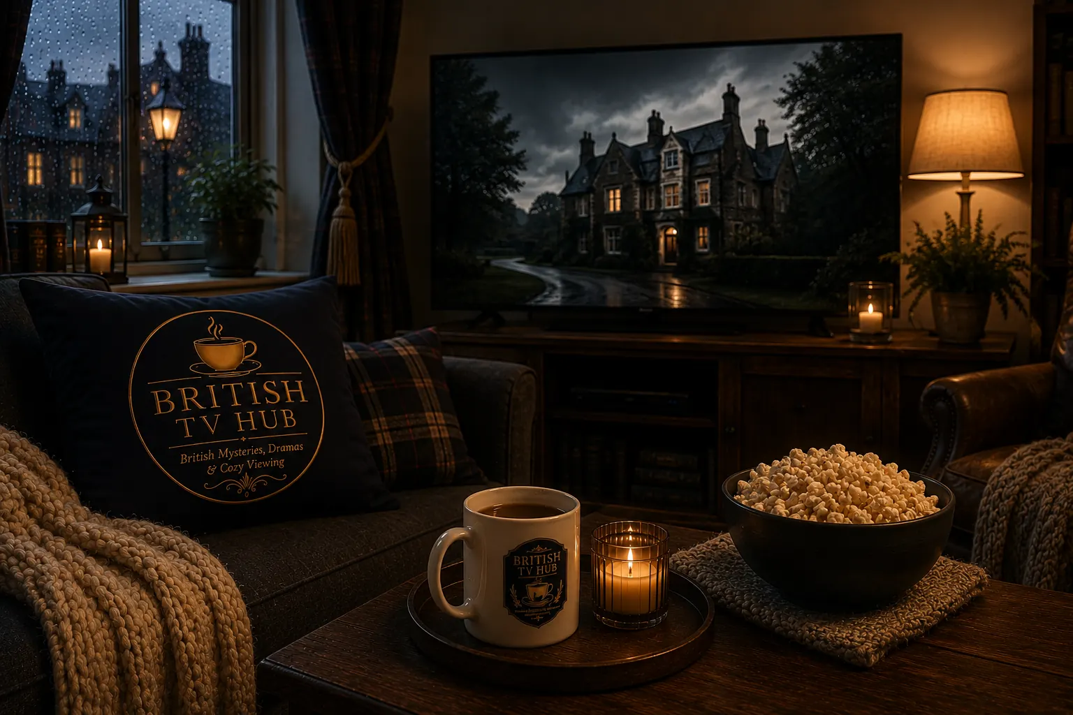 A cozy sofa setup with a British TV Hub mug, candle, and bowl of popcorn, with a mystery drama playing on the TV