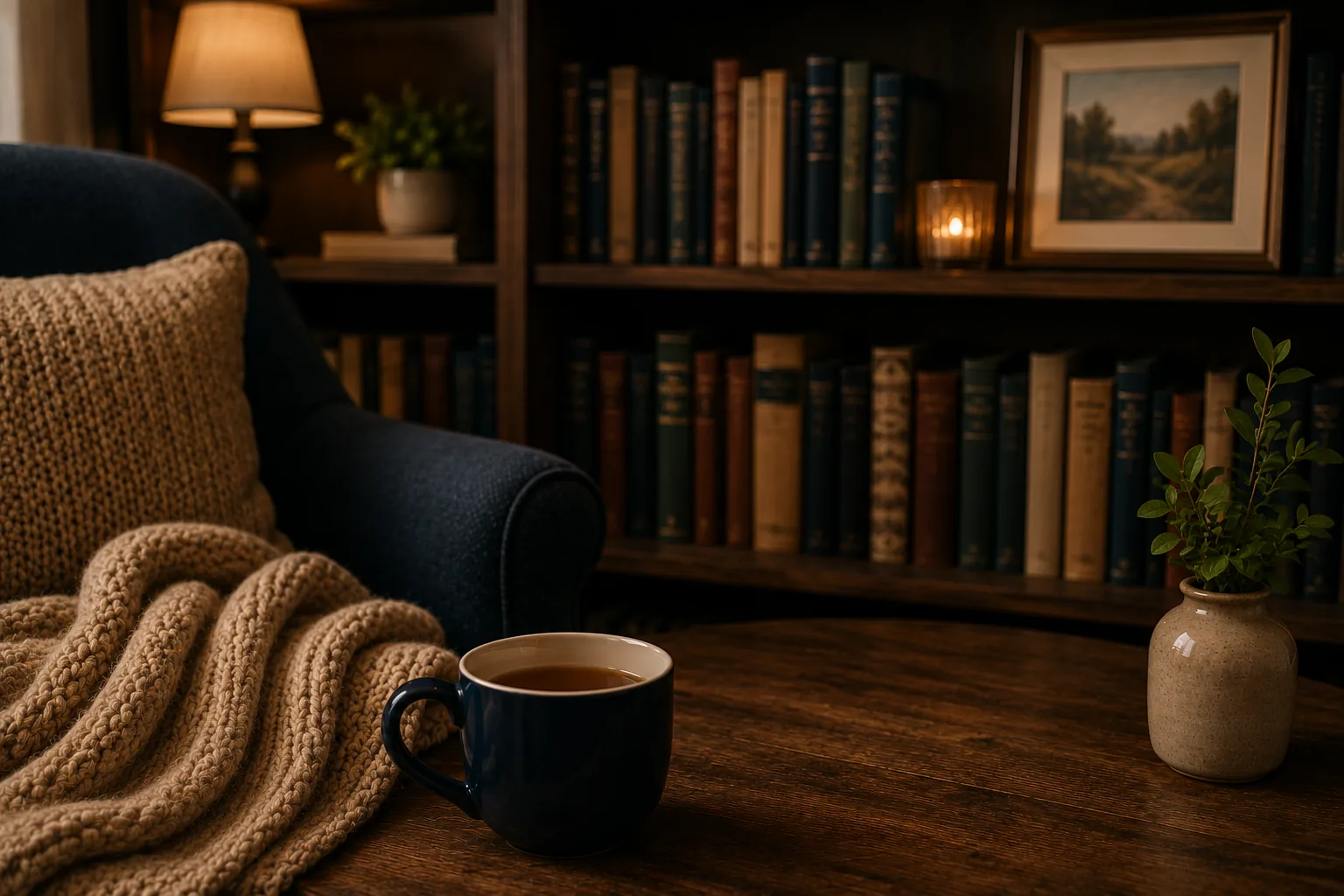 A cozy reading nook with a mug of tea, a knit blanket, and a well-worn bookshelf