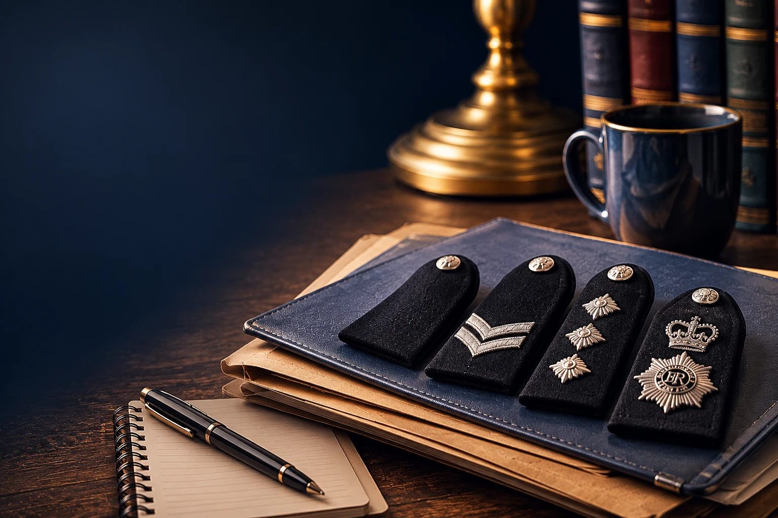 A row of British police shoulder epaulettes showing rank insignia, from plain constable through sergeant stripes, inspector's crown, and chief inspector's crown and pip, laid on a leather folder beside a notebook and pen
