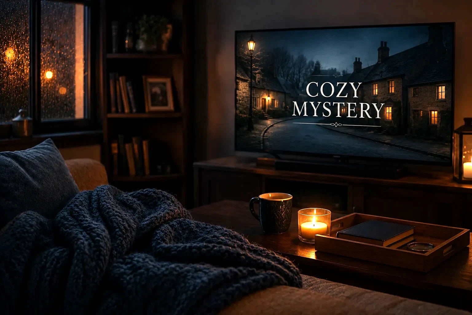 A cozy living room with a knit blanket, candlelit table, and a TV screen showing a cozy mystery village scene, with a rain-streaked window in the background