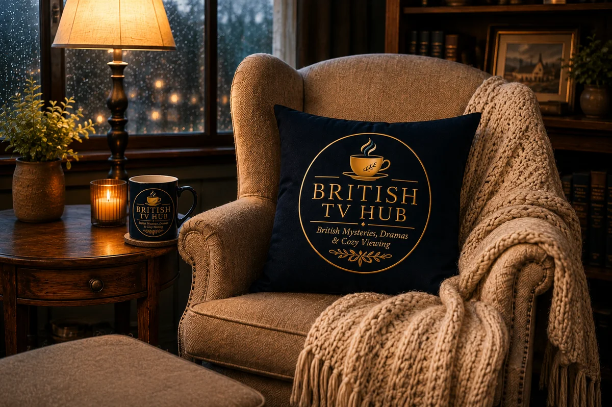 A British TV Hub pillow and mug on a cozy armchair with a knit throw, candlelight and a rainy window in the background