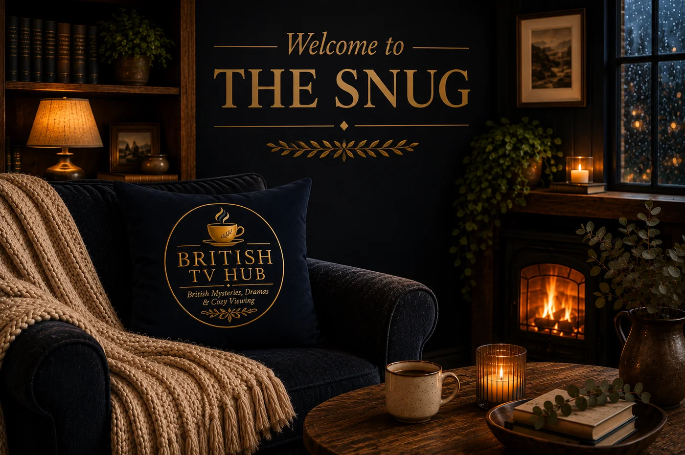 Welcome to The Snug — a cozy armchair by a fireplace with tea, candles and books